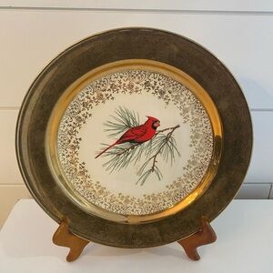 Vintage 22K Gold Rimmed Cardinal On A Pine Branch Decorative Plate Scrolled Rim